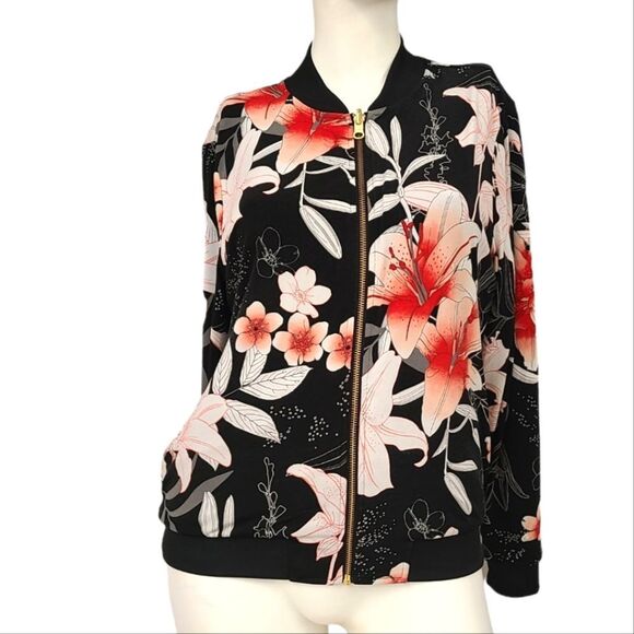IMAN Jacket Womens XS Silky Floral Zippered Varsity - Picture 2 of 7